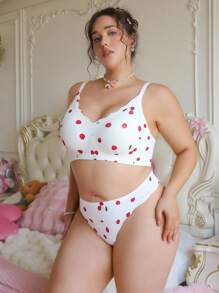 PetitDoll Plus Size Seamless Cherry Print Lingerie Set - Multicolor - View 4