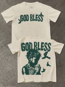 Manfinity EMRG Men's Summer Letter & Figure Print Round Neck Short Sleeve Casual T-Shirt God Bless T Shirt Beige Graphic Tee Christian Graphic Tees - Khaki - View 2