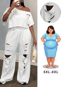 SHEIN CURVE+ 2 件套大码女式休闲街头风格镂空碎花短袖上衣和裤子/女士套装/露肩上衣/性感/可爱上衣/返校/2 件套/白色/女士休闲/女士外出上衣/女士休闲套装/街头时尚运动纯色/运动衫/白色大码两件套大码夏季套装加大码休闲套装 8xl 女装 2 件破洞套装 - 白色 - 查看 1