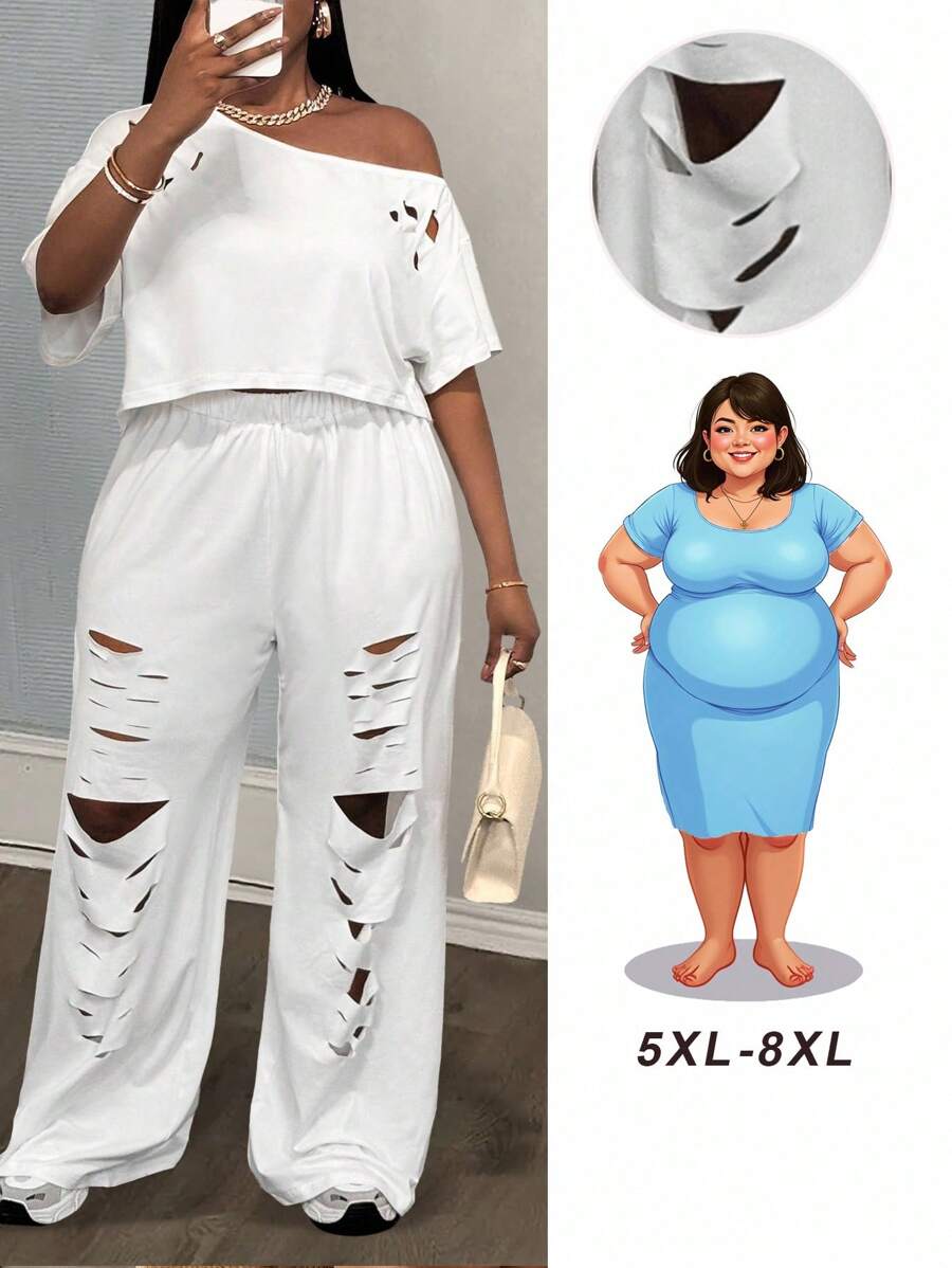 SHEIN CURVE+ 2 件套大码女式休闲街头风格镂空碎花短袖上衣和裤子/女士套装/露肩上衣/性感/可爱上衣/返校/2 件套/白色/女士休闲/女士外出上衣/女士休闲套装/街头时尚运动纯色/运动衫/白色大码两件套大码夏季套装加大码休闲套装 8xl 女装 2 件破洞套装 - 白色 - 查看 1