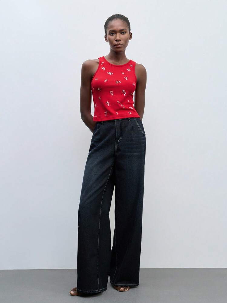 SHEIN Maija Top senza maniche rosso con decorazioni in strass, scollo tondo, casual, adatto per la primavera. Top versatile, adatto per l'ufficio, stile business-casual.