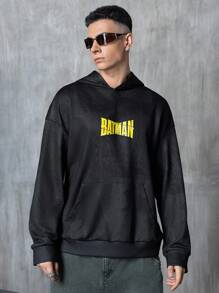 BATMAN X SHEIN 男士休闲街头连帽衫，带有赛车和动漫英雄人物字母图案，宽松男士图案连帽衫，秋季 - 黑色 - 查看 2
