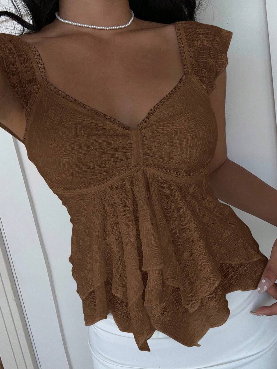 SHEIN EZwear Áo hai dây tay lửng xếp lớp bất đối xứng phối ren lãng mạn kiểu Pháp - Cà phê nâu - Xem 1