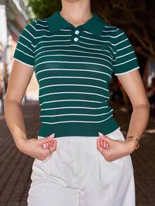 Andrea Bello Striped Pattern Polo Neck Knit Top - Green - View 3