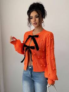 Elenzga Áo khoác len cardigan nữ, thiết kế mùa thu mới, buộc dây phía trước, họa tiết, tối giản - trái cam - Xem 6