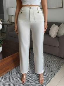 Chiquease Pantalon décontracté taille haute jambe droite couleur unie