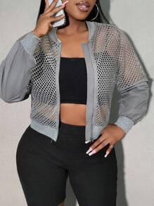 SHEIN SXY Mesh Sheer Sleeve Patchwork Cropped Jacket In Fall/Winter - Grey - View 1