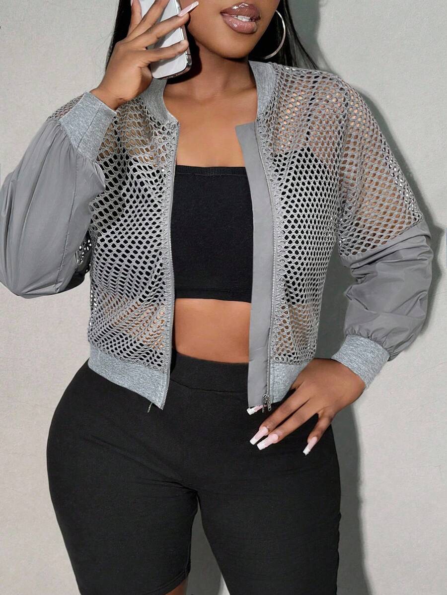 SHEIN SXY Mesh Sheer Sleeve Patchwork Cropped Jacket In Fall/Winter - Grey - View 1