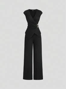 Sweetra Bộ 2 trang phục đi làm tối giản, thoải mái, khóa kim loại, họa tiết đan móc, mùa thu dành cho nữ - màu đen - Xem 3