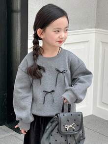 DAZY 女童圆领蝴蝶结吊带韩版长袖卫衣，春秋季 - 灰色 - 查看 6