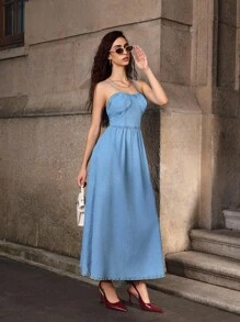 Selenza Váy denim chui đầu xếp ly thời trang thường ngày có túi dành cho nữ - Rửa trung bình - Xem 5