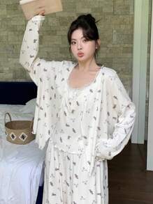 Dazy Plus 3件套加大码女式碎花吊带背心、宽松睡袍和松紧腰裤睡衣套装，秋冬服装 - 杏色 - 查看 4