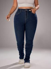 SHEIN ICON Plus Size Casual Vacation Washed Denim Jeans - Dusty Blue - View 5