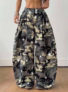 Coolane Women's & Men's  Summer Streetwear Vintage Y2K Casual Camo Hippie Oversized Army Green Star Print Camo Cargo Pants