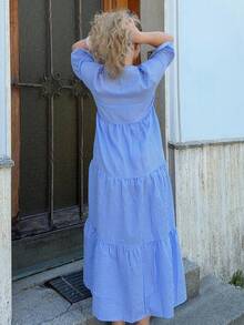 Jeta Ari Women's Vacation Casual Plaid Cut-Out Neck Long Dress - Blue and White - View 2