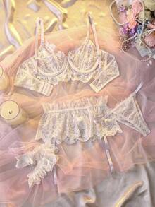 5pcs Floral Lace Underwire Garter Lingerie Set - White - View 2