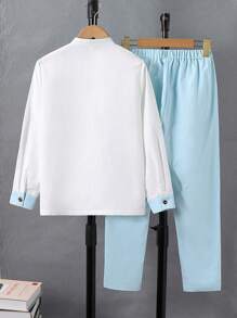 SHEIN 2 件 Tween Boy 四季休闲纯色修身立领长袖衬衫 + 休闲裤套装，适合派对、主持、钢琴演奏会、聚会、T 台、洗礼、商务 - 淺色水洗藍 - 查看 2