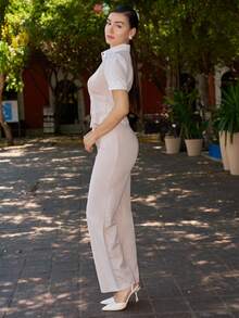 Andrea Bello Women's 2 Pieces Set Casual Splice Contrast Button Decor Short Sleeve - Beige - View 5