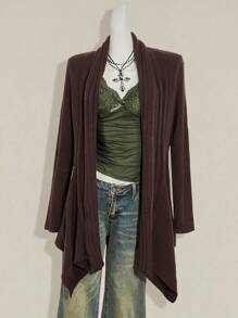 SHEIN ICON 女式 Y2k 哥特秋季波西米亚西部外出复古棕色毛衣休闲纯色不对称下摆开衫