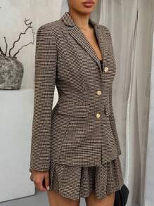 SHEIN SXY Houndstooth Elegant Vintage Jacket & Pleated Skirt Suit,Fall Women Clothes,Winter Clothes For Women,Business Casual Woman,Office Outfits For Women,Lounge Sets For Women,Work Outfits For Women,Work Clothes Women,Plaid Skirt,Festival Outfits For Women,Classy Outfits For Women,Going Out Outfits