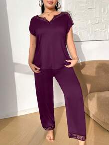 DUSKBASE Plus Size European & American Design Hollow Lace Patchwork Notch Neck Women Casual Sleepwear Set, Outfits - Red Violet - View 3