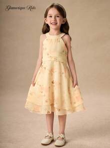 Glamorique Kids Young Girl Apricot Sleeveless Sweet Dress, Suitable For Party And Various Occasions, Showing Cute And Elegant - Apricot - View 3