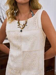 LanaWest Women's Elegant Apricot Hollow Out Embroidered Design Textured Fabric Fitted Casual/Holiday Mini Dress, Sleeveless Round Neck - Apricot - View 8