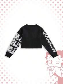 Betty Boop | ROMWE Áo len dệt kim cổ tròn họa tiết hoạt hình gợi cảm dành cho nữ thu đông - màu đen - Xem 2