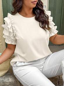 Calvaya Plus Size Women's Solid Color Simple Round Neck Ruffle Short Sleeve Blouse - Apricot - View 5