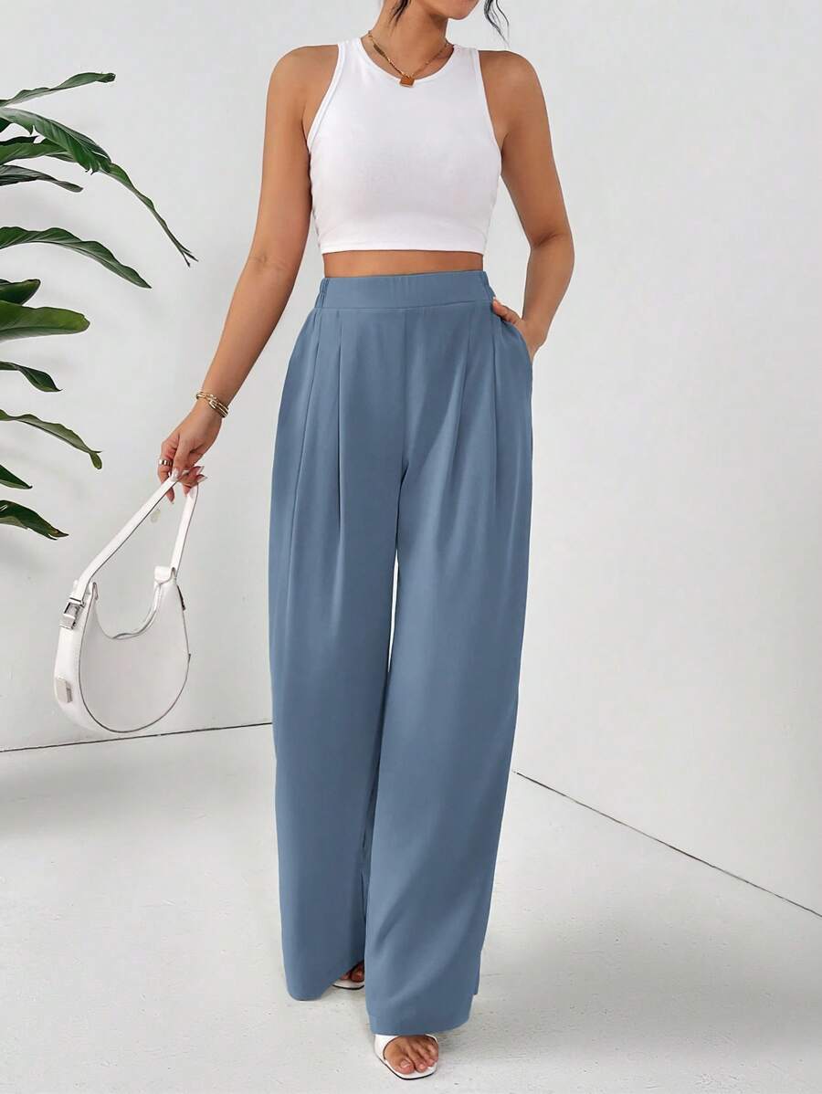 SHEIN Essnce Women's Casual Versatile Solid Color Wide Leg All-Match Pants - Dusty Blue - View 1