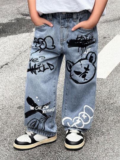 SHEIN Young Boy Fall And Winter Vintage Distressed Street Cool Style Blue Denim Cute Bear Graffiti Print Loose Fit Baggy Jeans,New Products,For Boys Back To School And Streetwear Outfits,Toddler Jeans,Boys Halloween Outfits