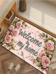 SHEIN 1 件入口地毯、粉红玫瑰欢迎回家字母地毯、聚酯防滑防污软地垫、室内外入口地板门垫、快干厨房地垫、洗衣房卫生间脚垫 - 彩色 - 查看 1
