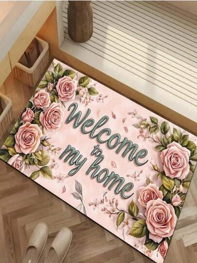 SHEIN 1 件入口地毯、粉红玫瑰欢迎回家字母地毯、聚酯防滑防污软地垫、室内外入口地板门垫、快干厨房地垫、洗衣房卫生间脚垫