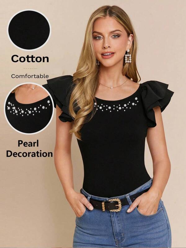 Amorya Camiseta de punto ajustada con mangas cortas y cuello con cuentas negras elegante para mujer, primavera/verano