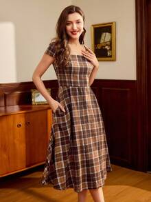 Vintamour Vintage Classic Elegant Women's Dress, Fitted Plaid Dress With Pockets, Square Collar Dress, Flared Hem Midi Dress, Suitable For Summer & Autumn,Elegant Dresses For Women - Coffee Brown - View 3