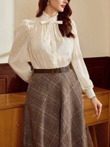 Vintamour 复古优雅女式衬衫 荷叶边领结袖口长袖休闲工作衬衫 秋季女装 返校节冬季女式秋季衬衫 办公室服装 女式秋季女式秋季上衣 女式冬季秋季女式衬衫 冬季女式服装 长袖衬衫 秋季服装 秋季女式上衣 小屋生日女式圣诞衬衫 工作女式衬衫 返校服装 可爱上衣 女士教师秋装 - 杏色 - 查看 3