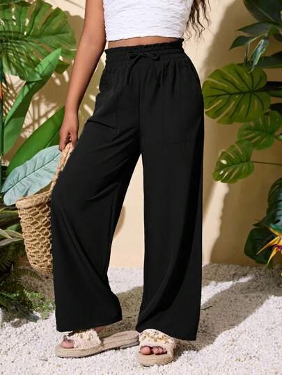 SHEIN Tween Girls' Casual Loose Straight Leg Pants Girl Wide Leg Pants Black Wide Leg Pants Loose Pants Baggy Pants Summer Pants