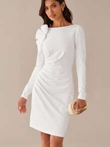 Lilora Robe longue élégante à fleurs 3D et couleur unie à manches longues pour femmes - Blanc - Voir 6