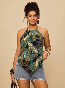 SHEIN VCAY 大码女式吊带背心，绿色热带印花无袖上衣，不对称下摆宽松吊带热带风情露背上衣，波西米亚风上衣，树叶印花上衣，波西米亚时尚度假装扮，假日装扮，都市海岸风，乡村风装扮，复古服饰，教师装扮，返校装扮，外出装扮