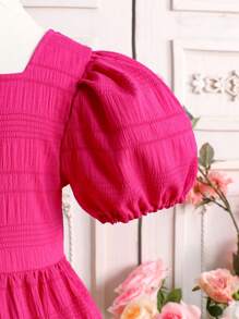 Elladie kids 女孩夏季休闲时尚纯色甜美泡泡袖连衣裙，可拆卸蝴蝶结后背设计，适合休闲度假穿着 - 粉色 - 查看 6