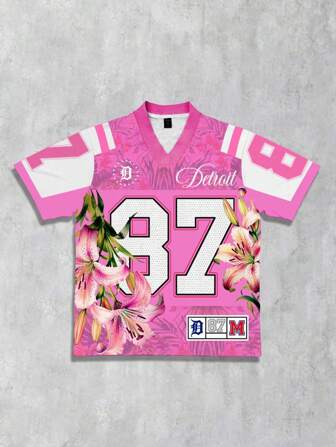 Street Life Men's Casual Flower & Number Print Short Sleeve T-Shirt, Summer