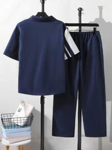 SHEIN 2 件套青少年男孩绅士装，海军蓝百搭时尚修身短袖衬衫 + 长裤，绅士西装套装，商务优雅学院个性化服装，生日派对日常休闲外套，优雅简约的返校季