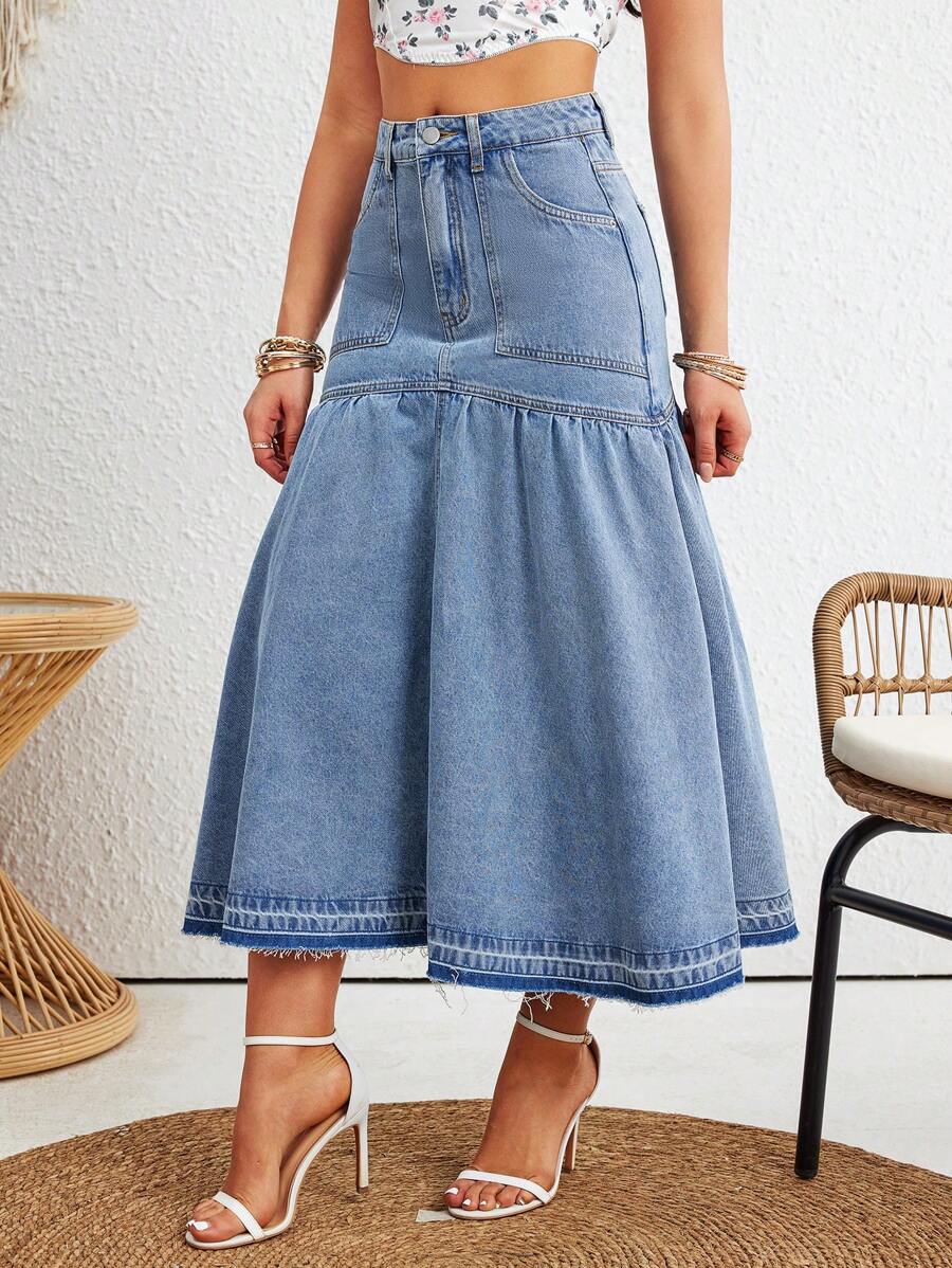 SHEIN LUNE Chân váy denim bạc màu kiểu vintage dành cho nữ cỡ lớn, thích hợp cho mùa Thu/Đông. - Rửa nhẹ - Xem 1