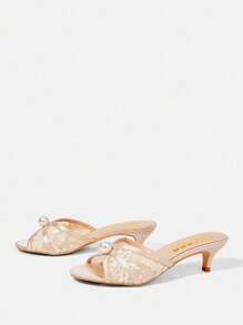 CUCCOO HITCHD Women's Fashion Round Toe Kitten Heel Apricot Lace Mesh Pearl Wedding Party Occasion High Heel Sandals, Open Toe Sandals For Christmas Elegant Shoes Wedding Shoes - Apricot - View 3