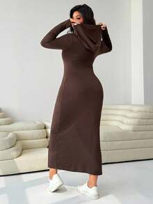 Solflare Váy len dệt kim dáng ôm tay dài có dây rút có mũ trùm đầu cỡ lớn dành cho nữ, mùa thu/đông, mùa thu, trở lại trường - màu nâu - Xem 5