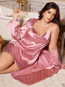 MuseNap CURVE Bộ đồ ngủ satin cỡ lớn màu hồng với thiết kế trễ vai và họa tiết thắt nút hình trái tim, bộ đồ ngủ satin 2 món, chi tiết ấm cúng và thanh lịch, quần áo mùa thu và mùa đông - Hồng - Xem 3