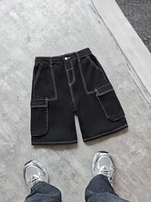 SHEIN Pantaloncini cargo neri in denim morbido e casual con dettagli in filo a contrasto, stile vintage da strada, adatti per bambini, nuovi prodotti, per l'autunno, per il ritorno a scuola e lo streetwear dei bambini - nero - Visualizzare 1
