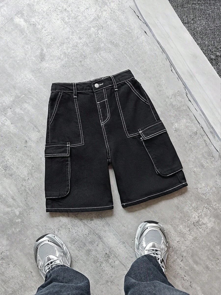 SHEIN Pantaloncini cargo neri in denim morbido e casual con dettagli in filo a contrasto, stile vintage da strada, adatti per bambini, nuovi prodotti, per l'autunno, per il ritorno a scuola e lo streetwear dei bambini - nero - Visualizzare 1