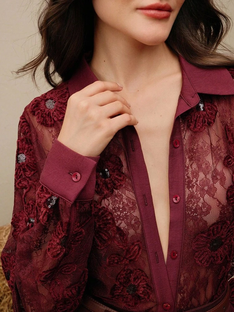 Women's Vintage Elegant Floral Embroidery Lace Patchwork Sheer Blouse, Burgundy, Loose Fit Turndown Collar, Suitable For Party And Evening Wear, Autumn/Winter