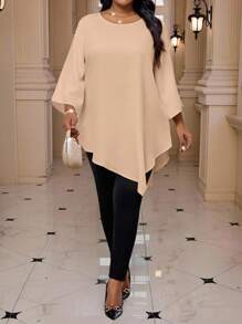 SHEIN Lady 2025 新款大码女式纯色金属圆领 3 4 袖宽松不对称下摆优雅衬衫情人节新年派对感恩节假日休闲上衣女式秋季上衣 - 駝色 - 查看 2